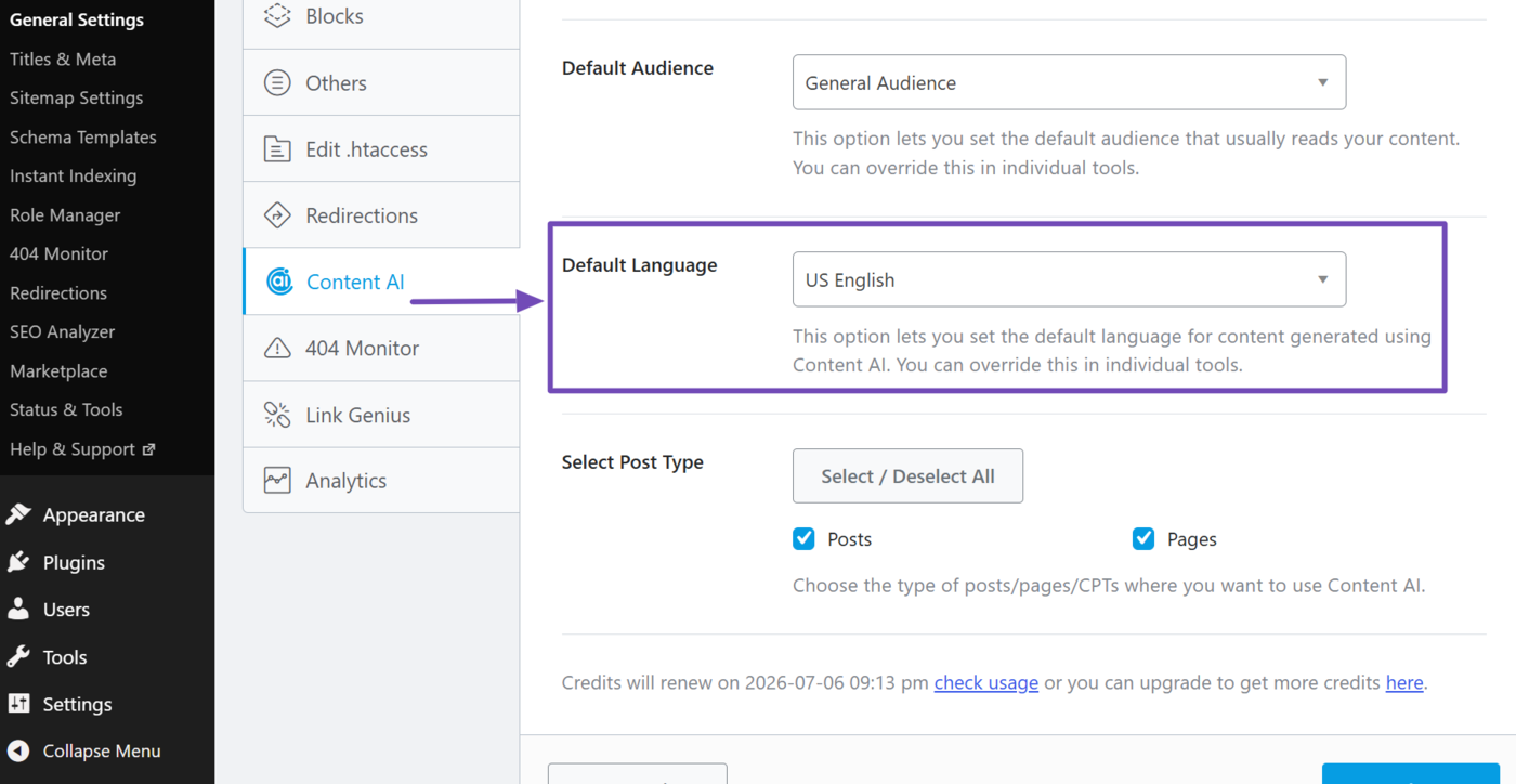 Default Language Content AI settings