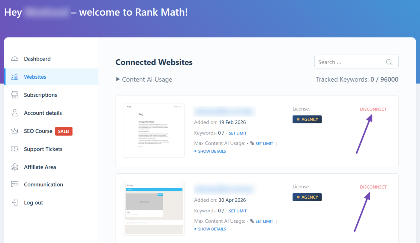 Disconnect website from Client Management Dashboard