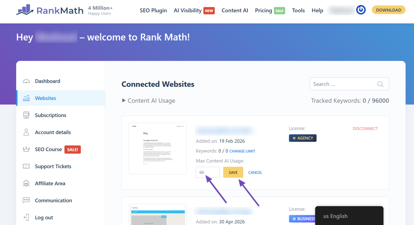 Enter a Content AI feature usage limit for a site