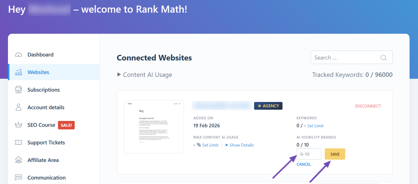Enter a maximum tracking limit and click Save