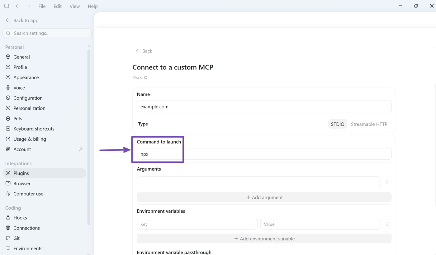Enter npx into the Command to launch field