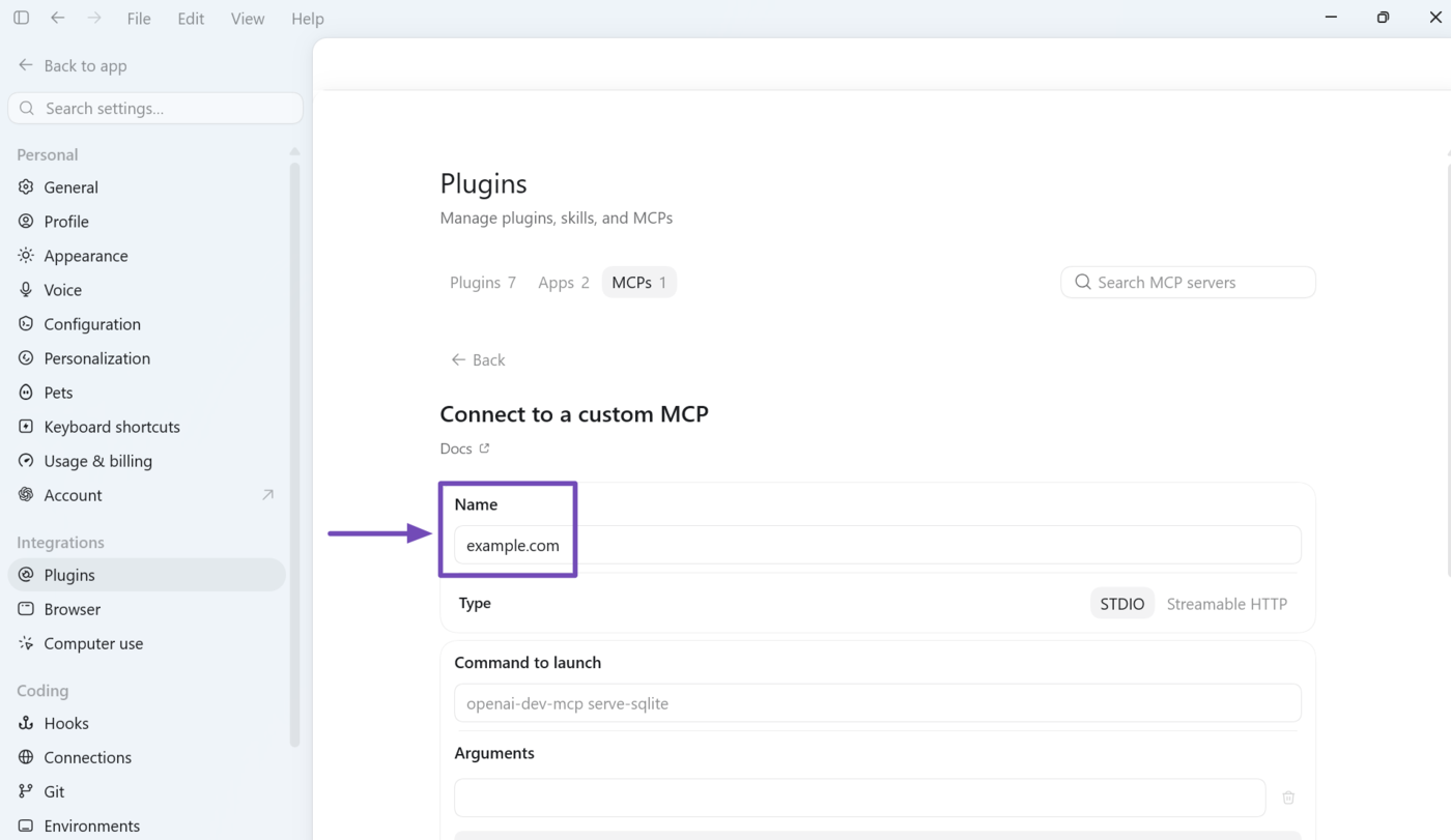 Enter your site URL into the Name field