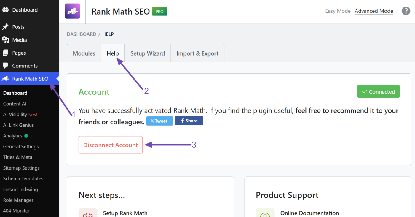 Head to Rank Math SEO and disconnect your account