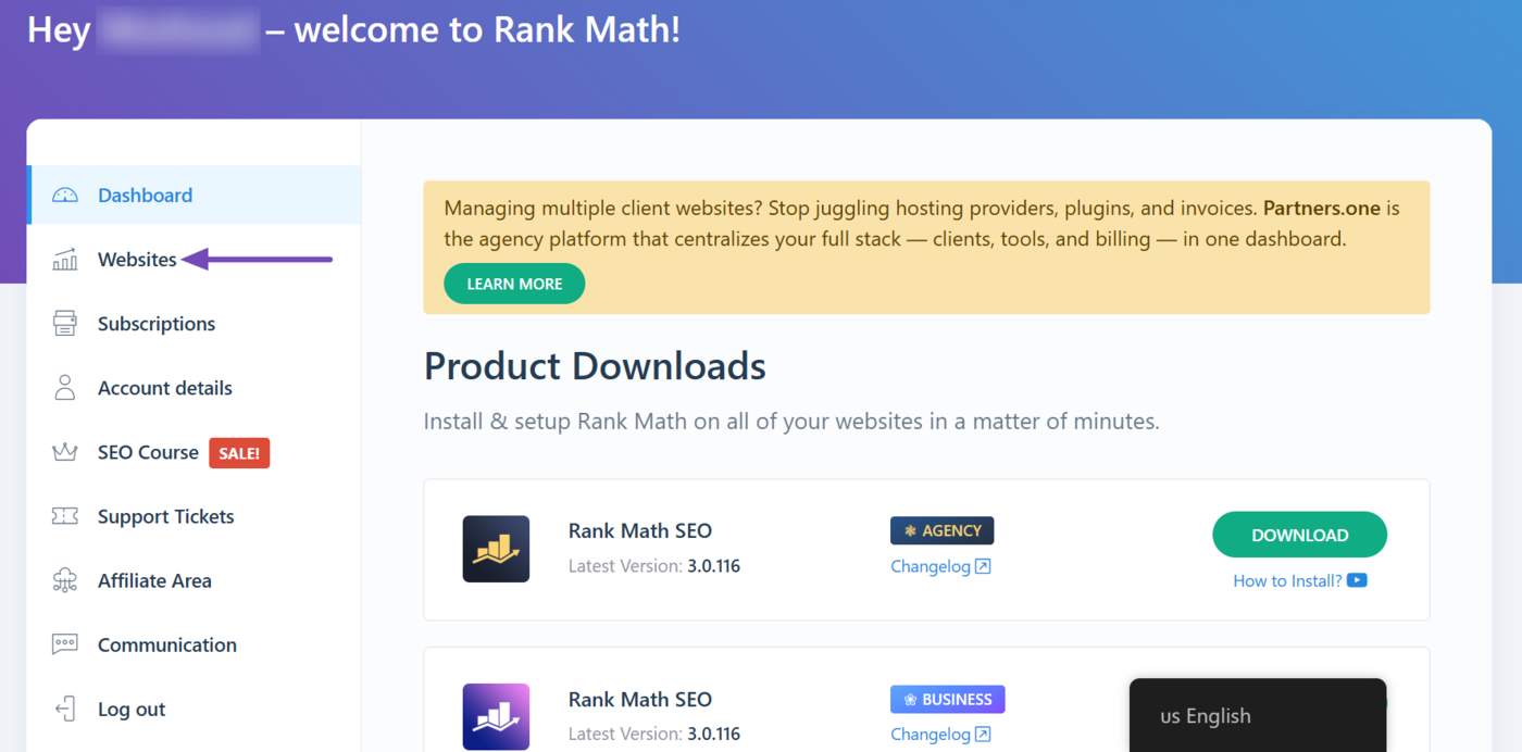 Log in to your Rank Math account and click Websites