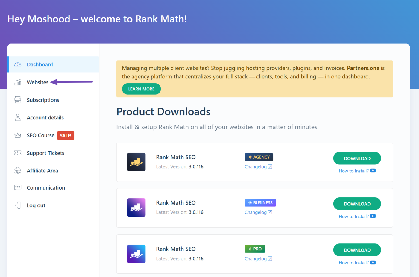 Open Websites in Rank Math Account Area