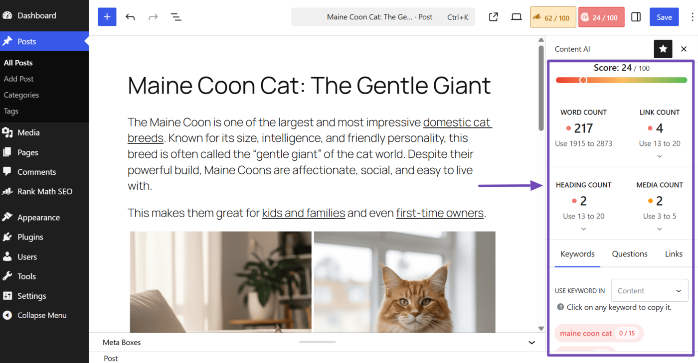Overview of the keyword insights returned by Content AI