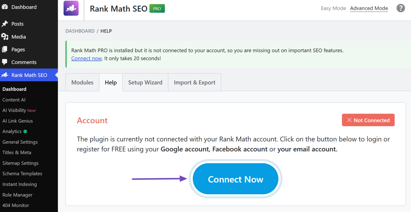 Reconnect your Rank Math account