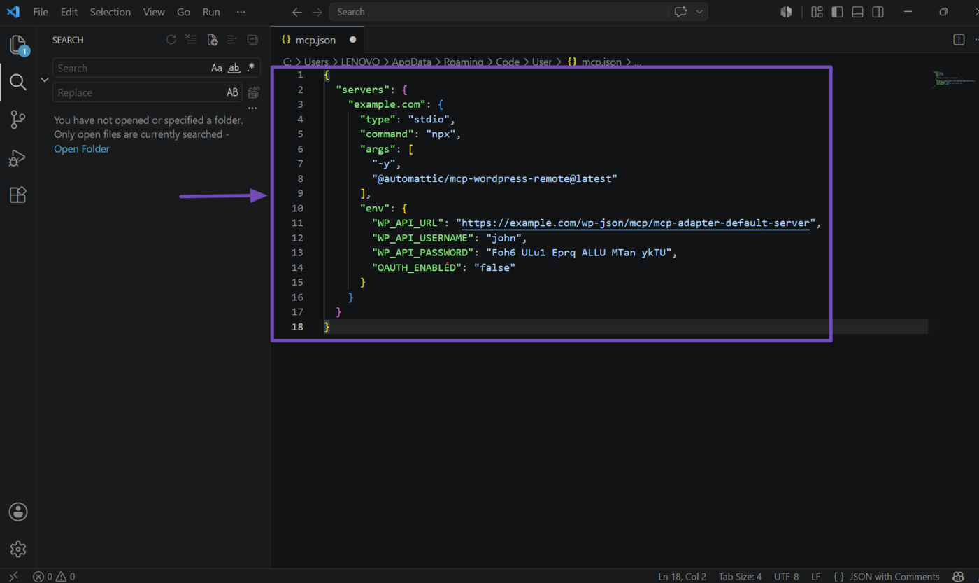 Sample of the updated MCP server configuration