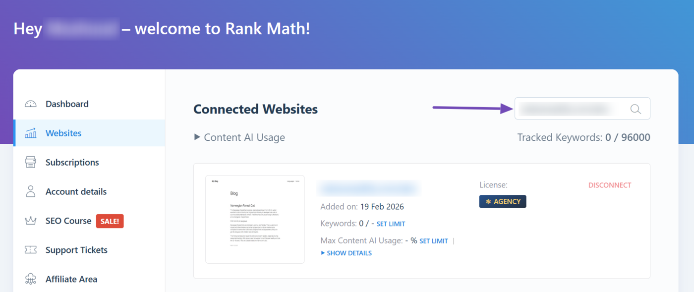 Search website name in Rank Math Client Management dashboard