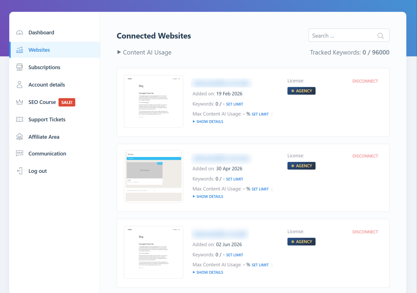 See connected websites in Rank Math Account Area