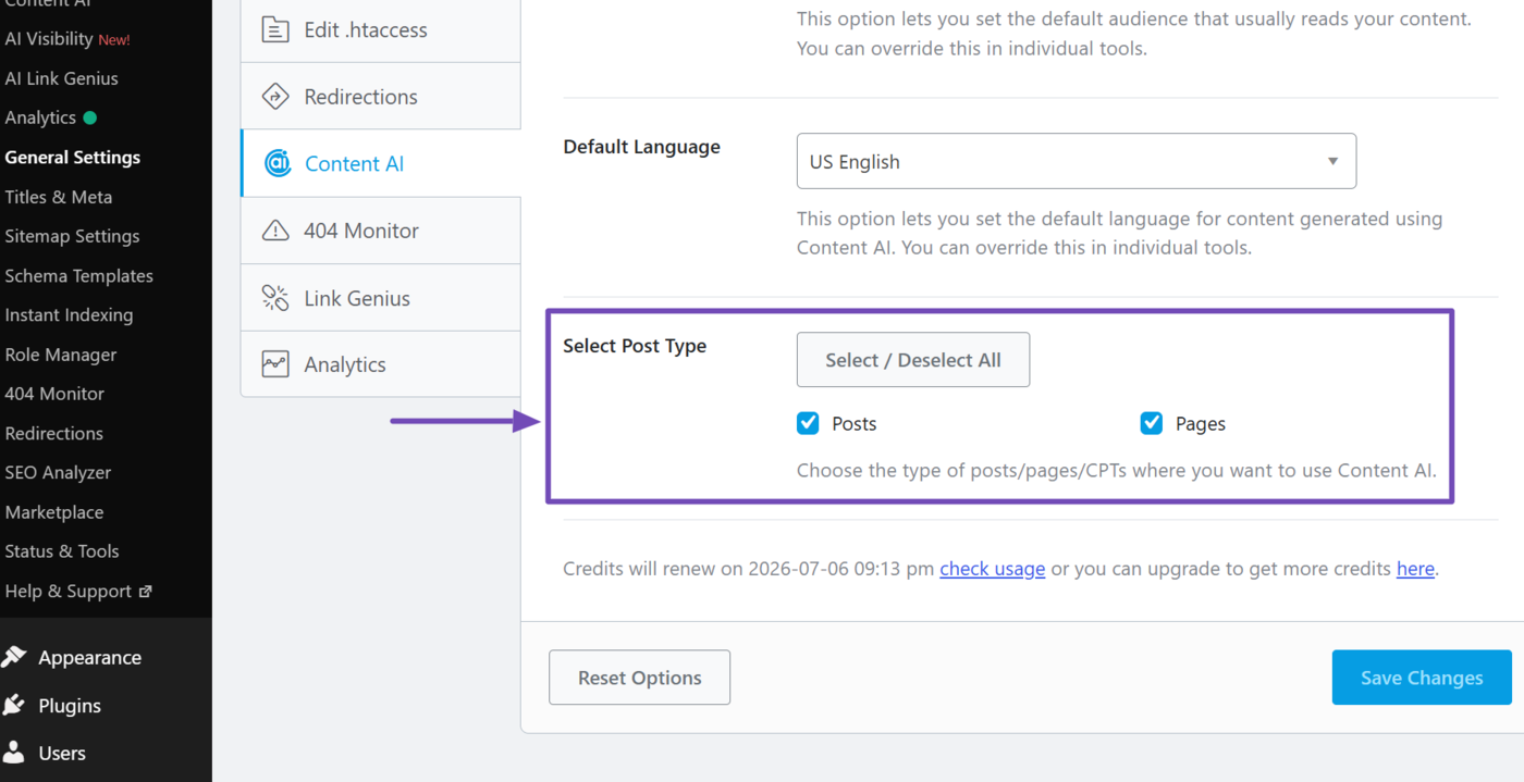 Select Post type Content AI settings