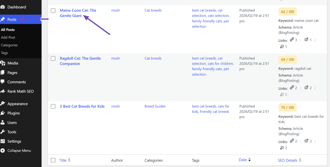 Select the post to update from your WordPress dashboard