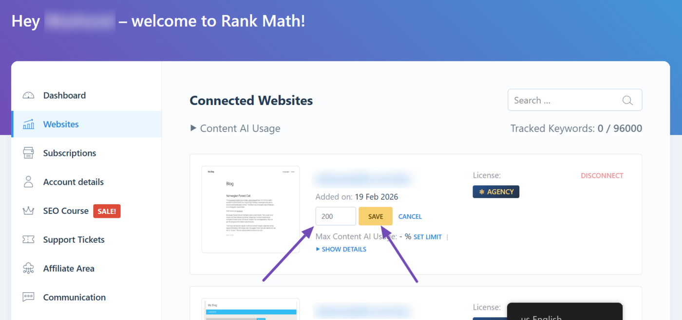 Set Keyword tracking limit in Rank Math Client Management dashboard