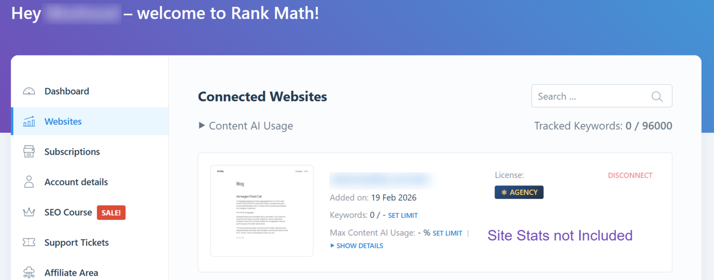Site Stats disabled in Client Management Dashboard