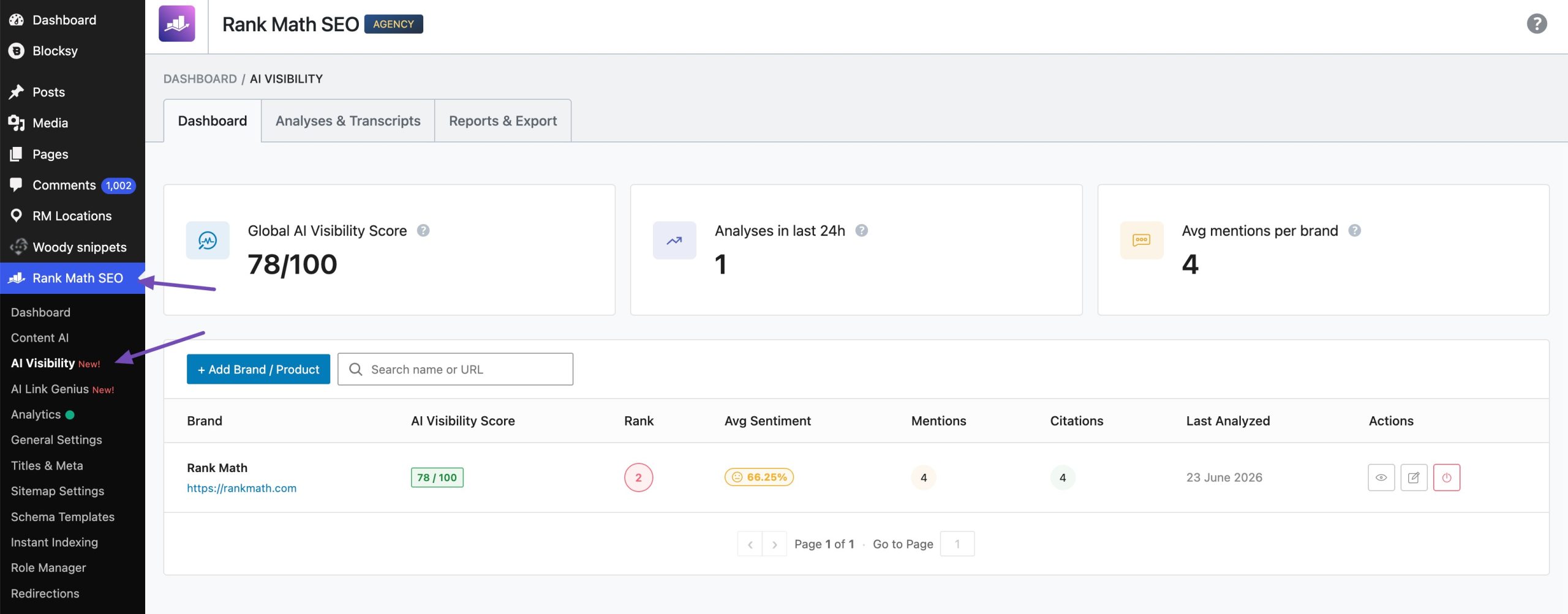 7 Best Content Optimization Plugins for WordPress » Rank Math 4 AI Visibility in Rank Math