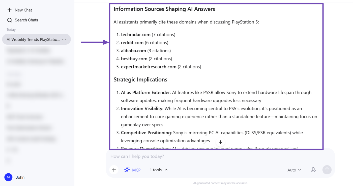 Additional overview of our AI Visibility report returned using Rank Math MCP