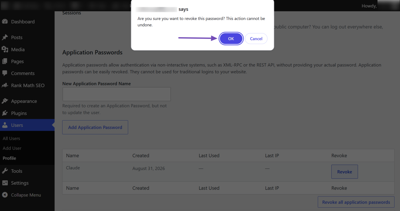 Click OK to delete your application password