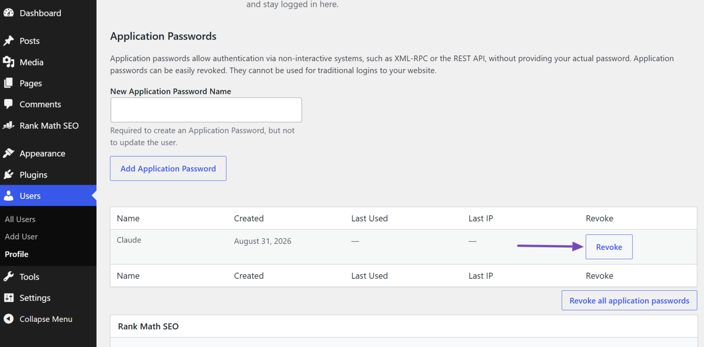 Click Revoke to revoke Claude's application password