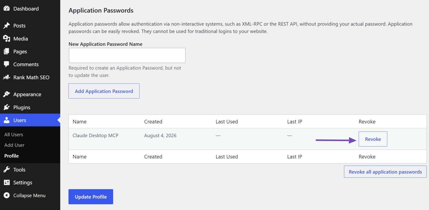 Click Revoke to revoke an application password