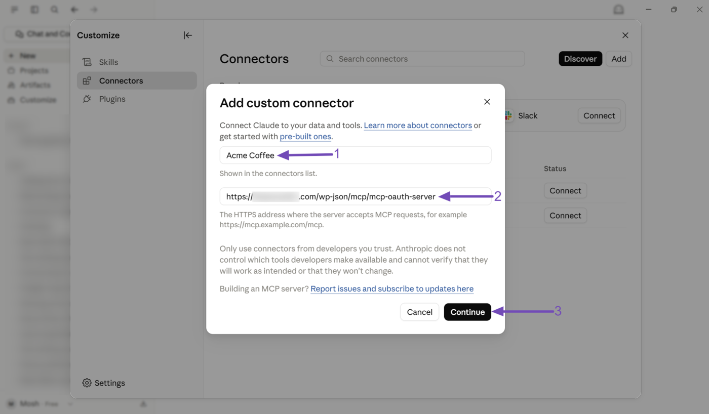 Enter your site details and click Continue