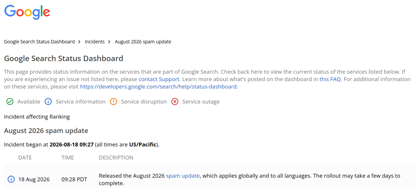 Google Search Status dashboard of the August 2026 Spam Update