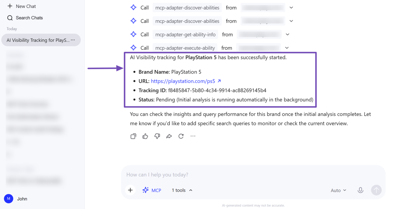 Sample of a brand we started to track using Rank Math MCP