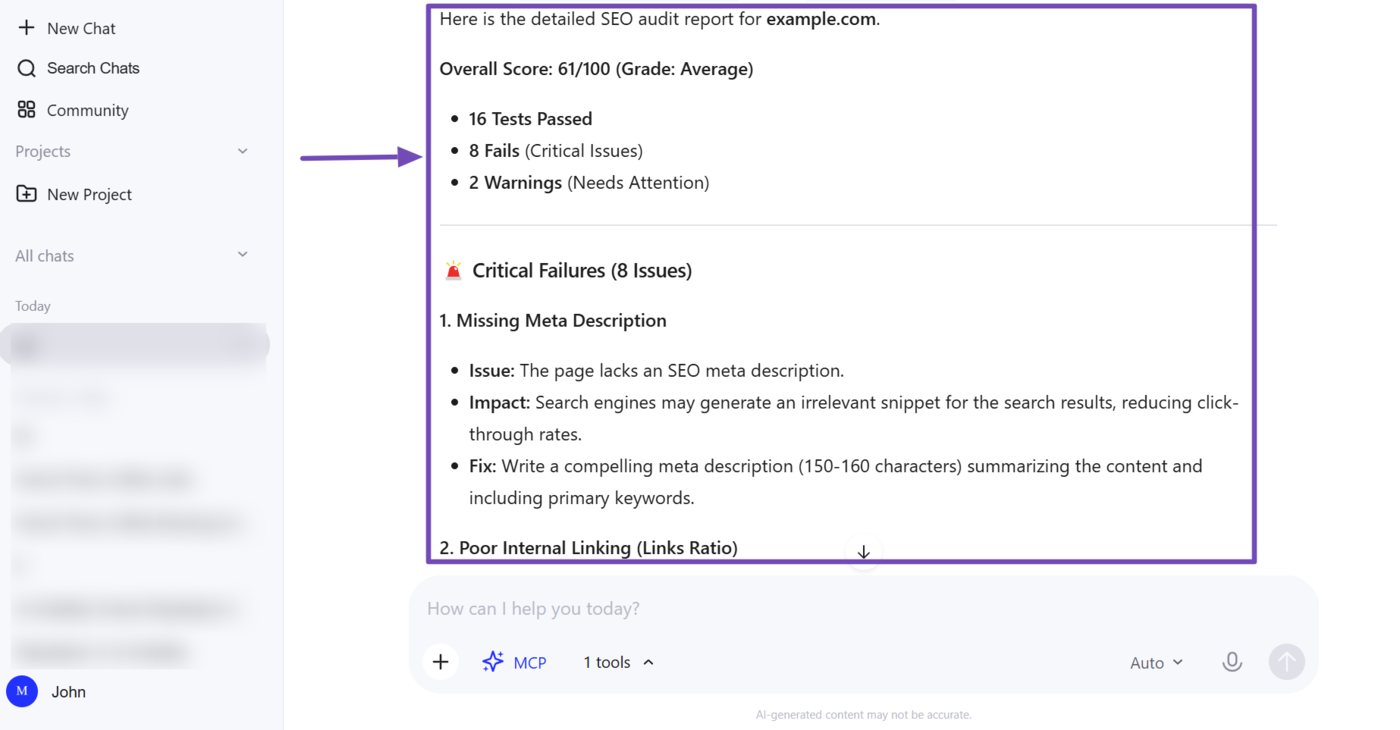 Overview of a competitor audit performed using Rank Math MCP