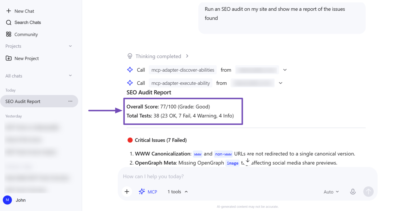 Overview of an SEO audit using Rank Math MCP