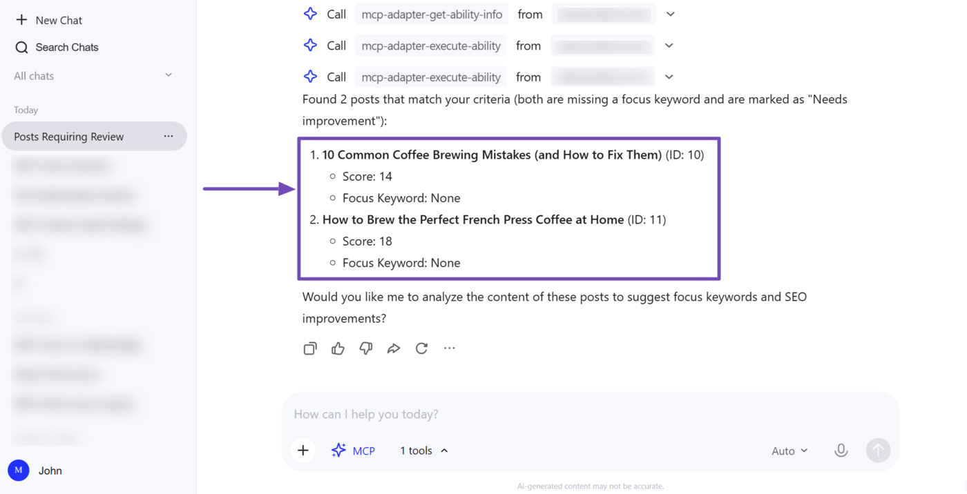 Overview of posts that need improvements identified using Rank Math MCP