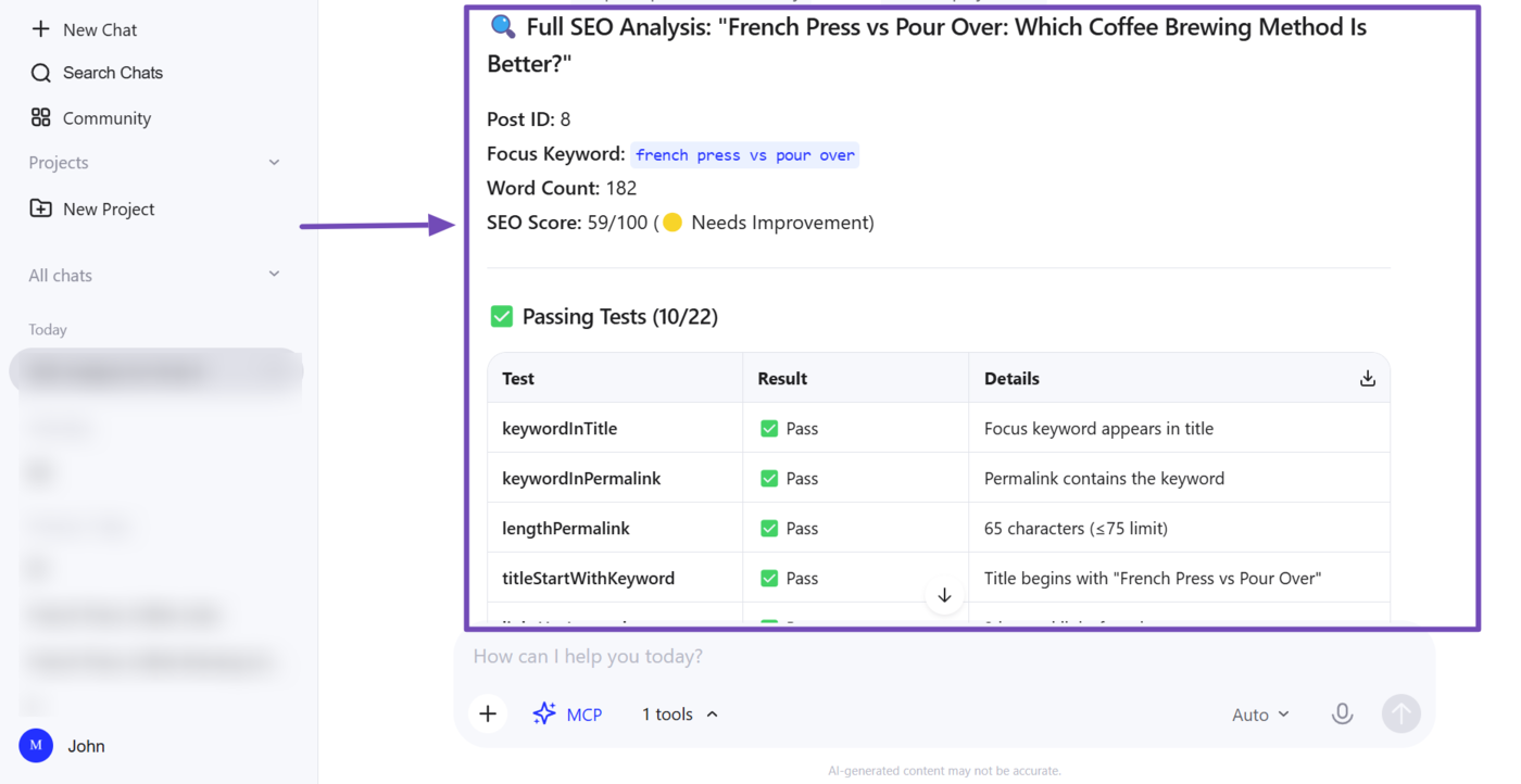 Overview of the Analyze Post Content MCP tool in Rank Math