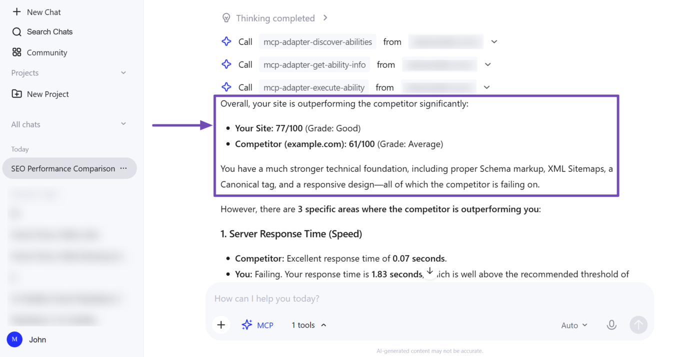Overview of the Competitor audit analyzed using Rank Math MCP