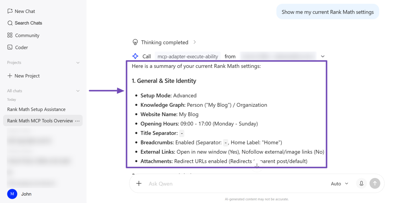 Overview of the Rank Math get-settings MCP tool