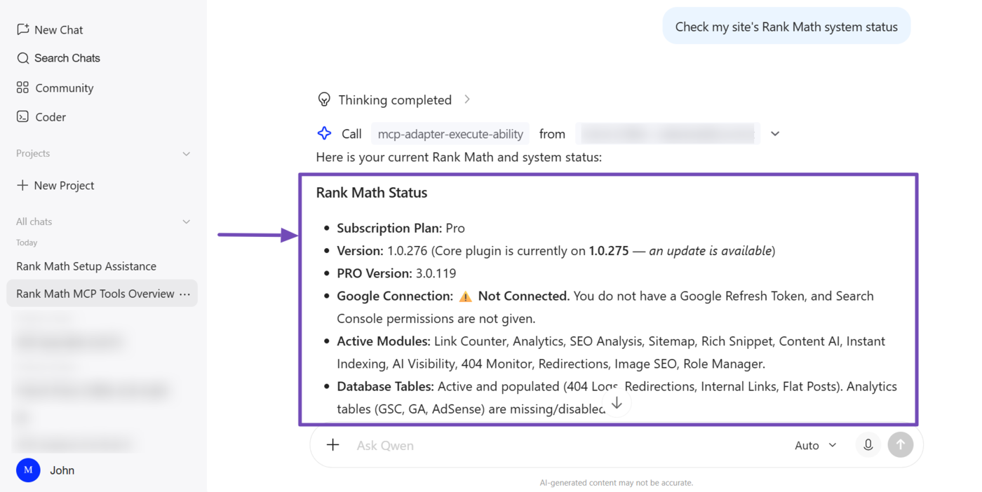 Overview of the Rank Math get-system-status MCP tool