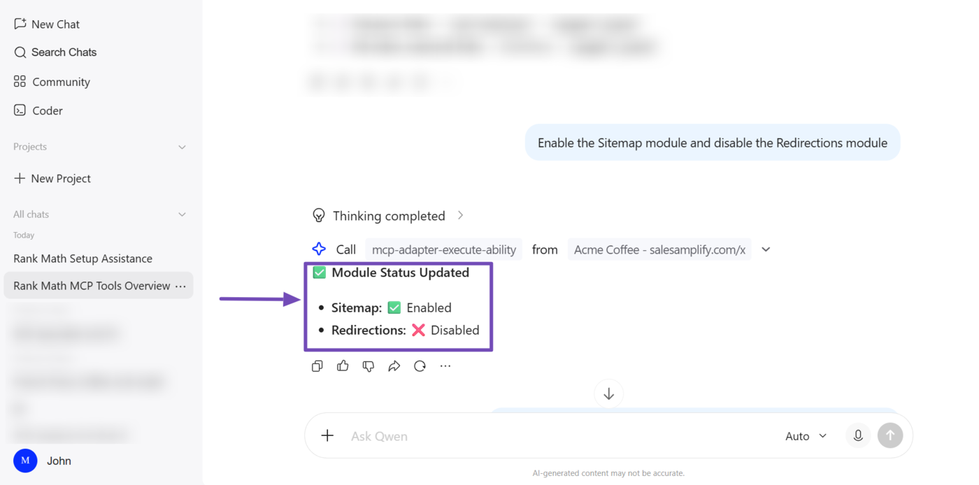 Overview of the Rank Math set-module-status MCP tool