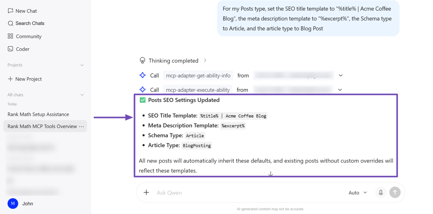 Overview of the Rank Math set-post-type-seo-settings MCP tool