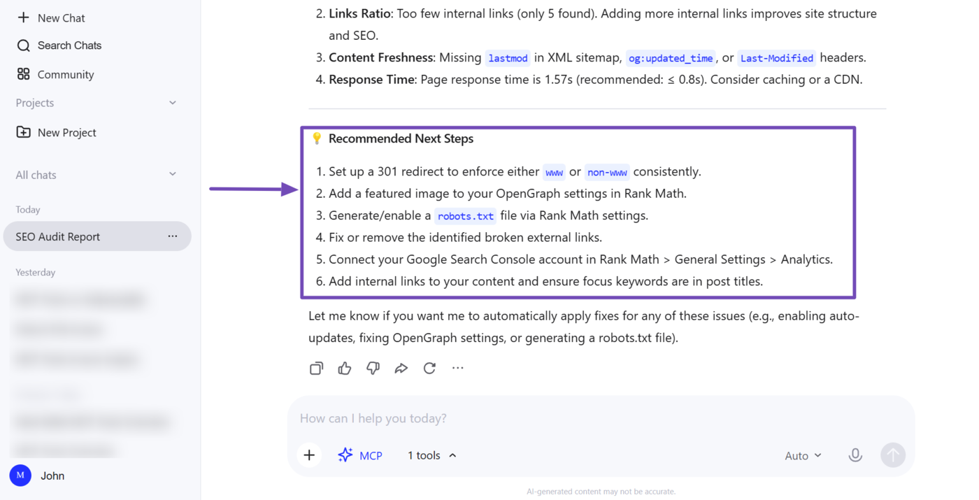 Overview of the SEO audit recommendation provided using Rank Math MCP