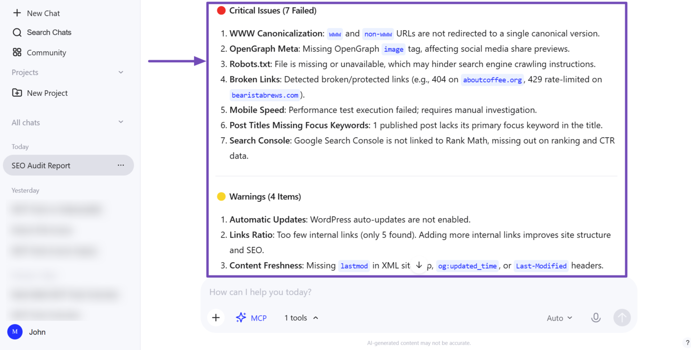 Overview of the SEO issues detected using Rank Math MCP