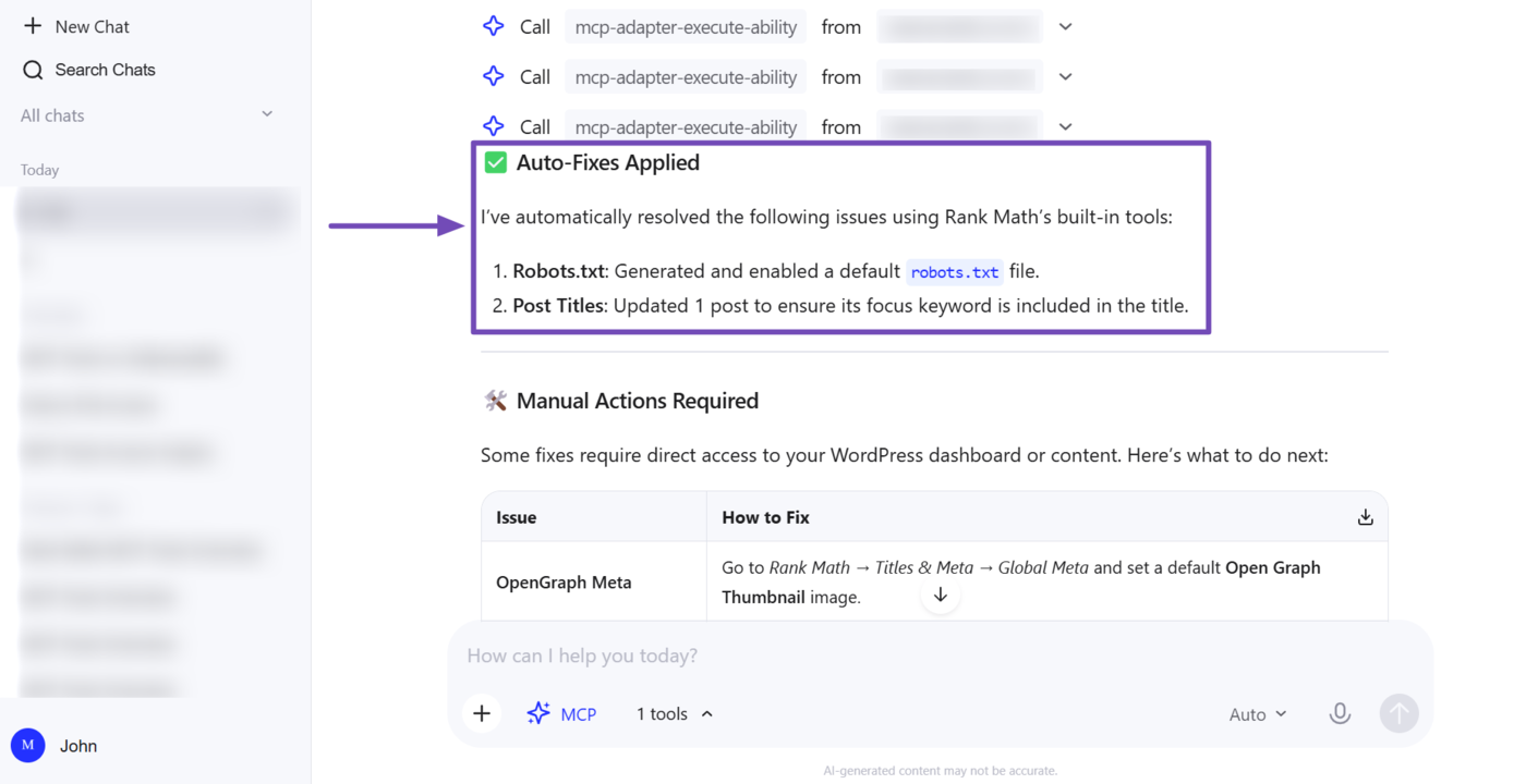 Overview of the SEO issues fixed using Rank Math MCP