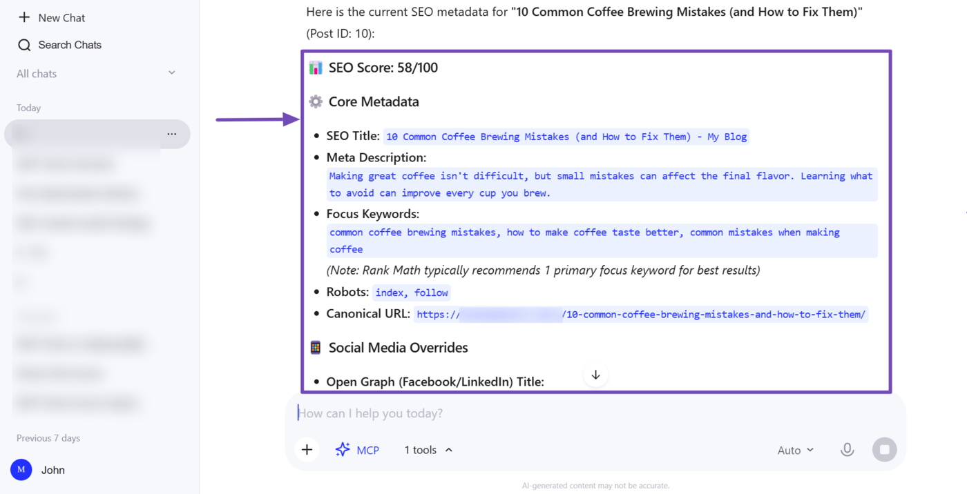 Overview of the SEO metadata returned using Rank Math MCP