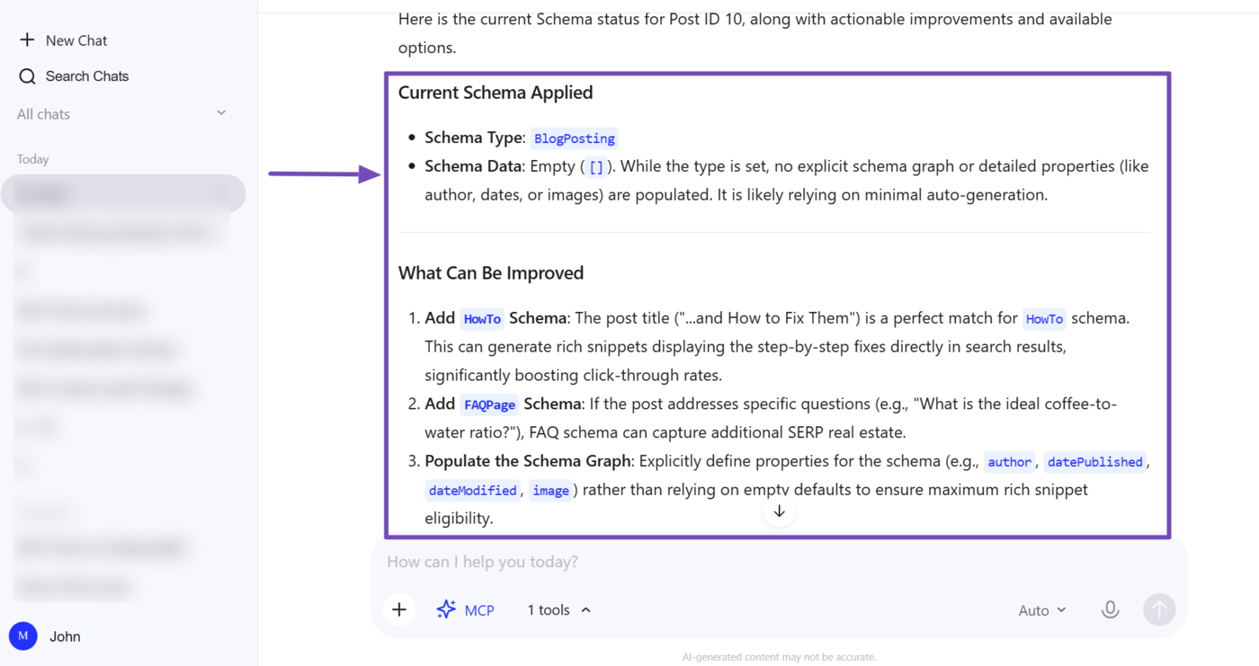 Overview of the Schema extracted from a post using Rank Math MCP