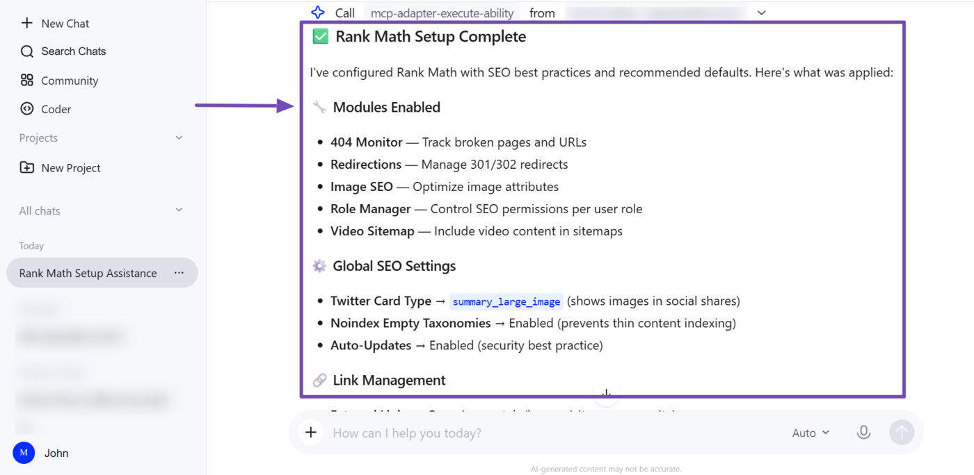 Overview of the changes our AI assistant conducted using Rank Math MCP