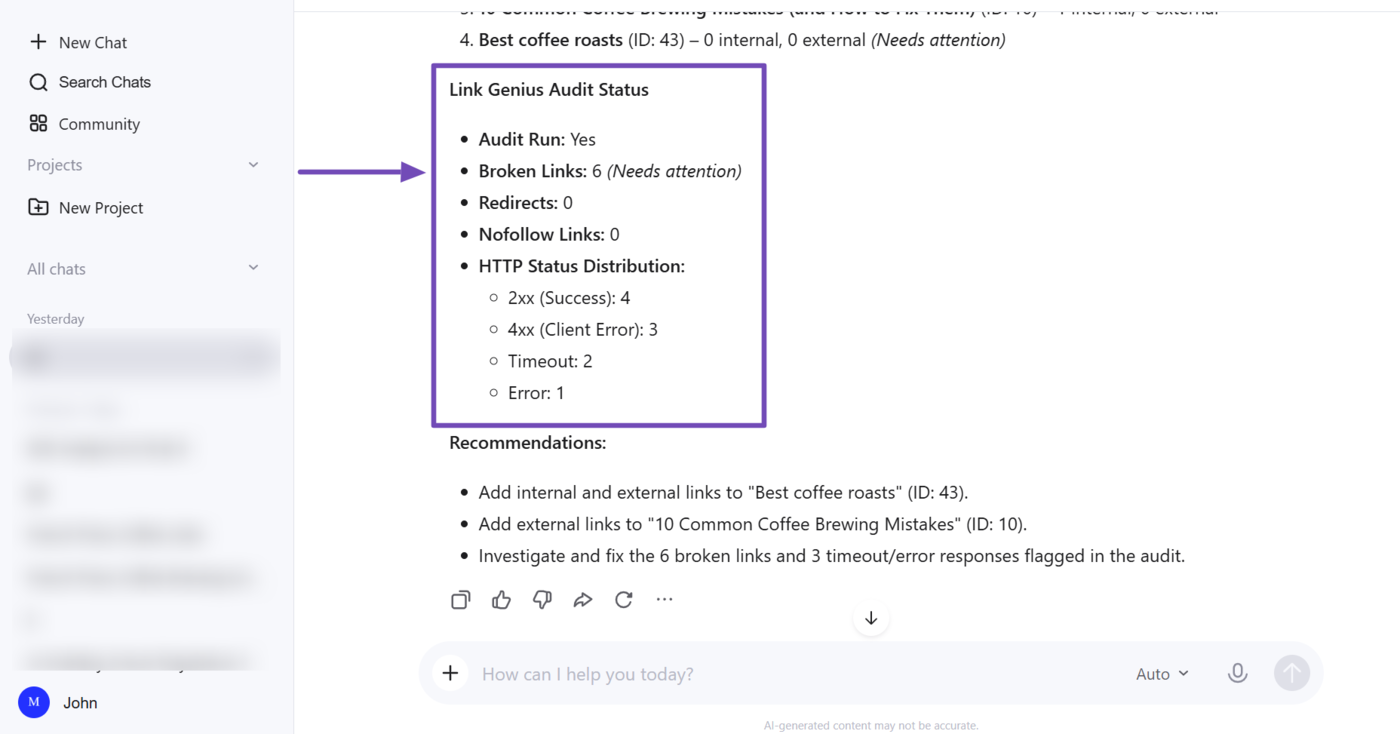 Overview of the link audit performed using Rank Math MCP