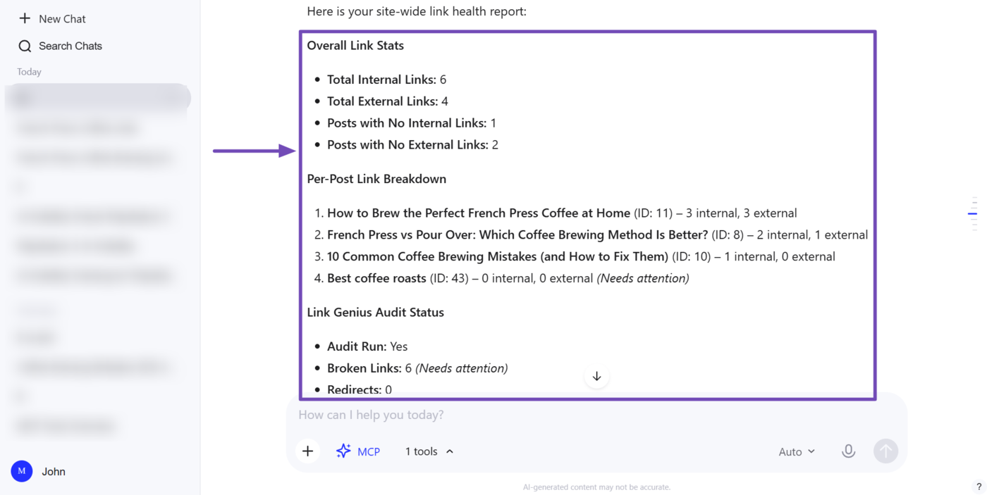 Overview of the link report generated using Rank Math MCP