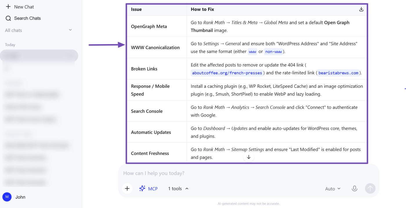 Overview of the manual SEO fixes identified using Rank Math MCP