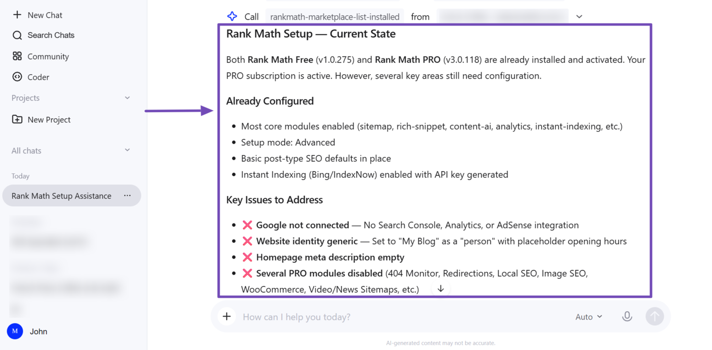 Overview of the setup details returned by our AI assistant