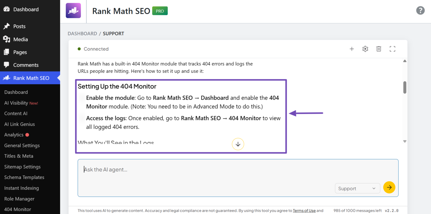 Sample of a response returned by the Rank Math support agent