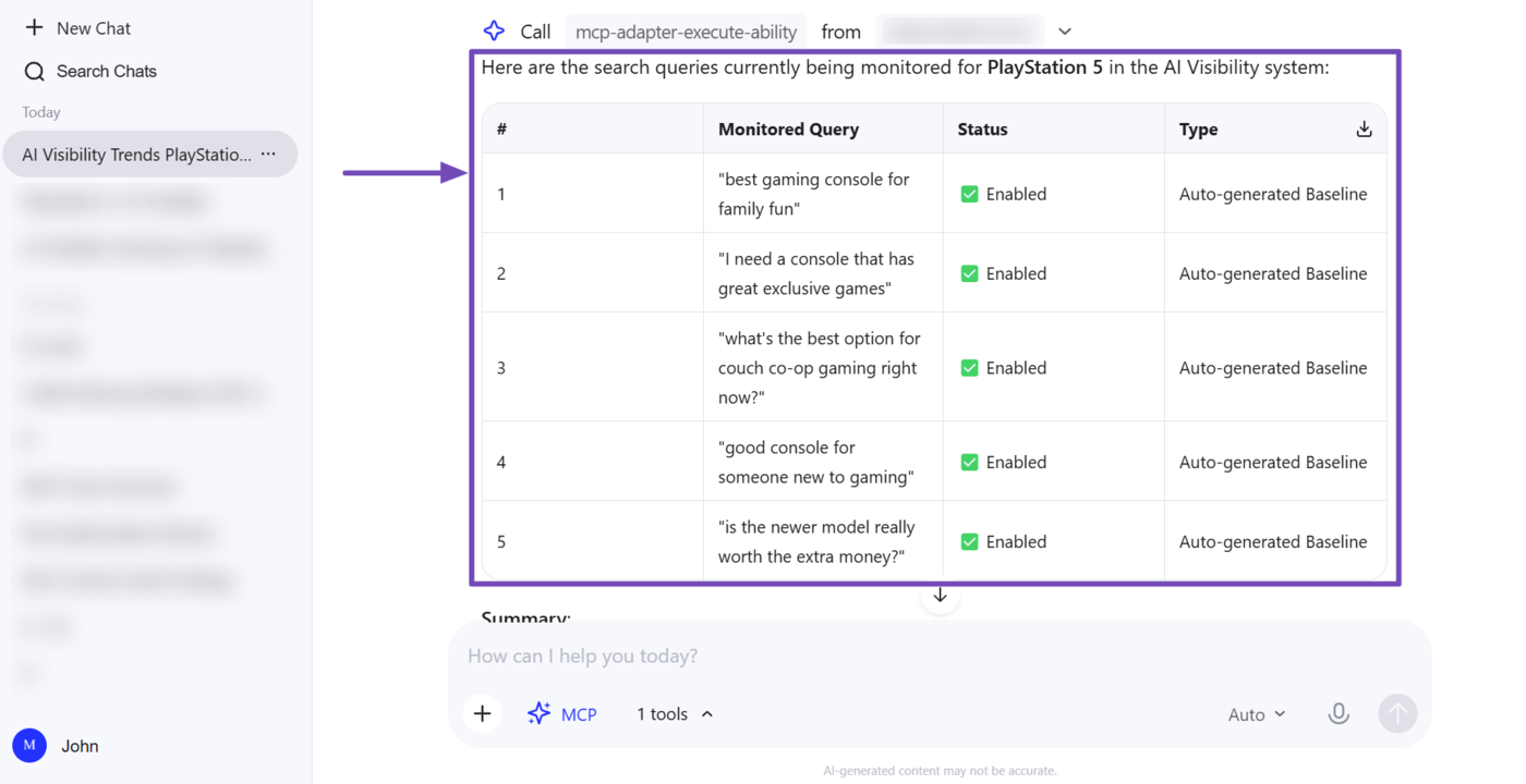 Sample of the AI Visibility tracked queries returned by Rank Math MCP