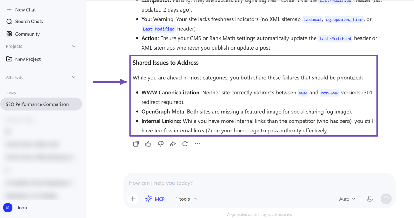 Sample of the Competitor analysis analyzed using Rank Math MCP