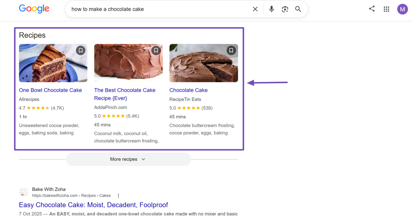 Sample of the Recipe rich result on Google results pages