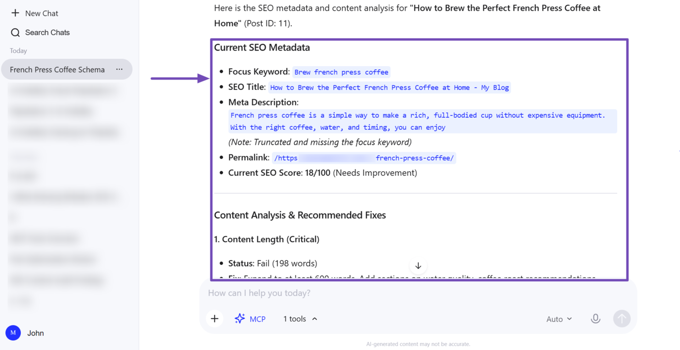 Sample of the SEO metadata analysis done using Rank Math MCP